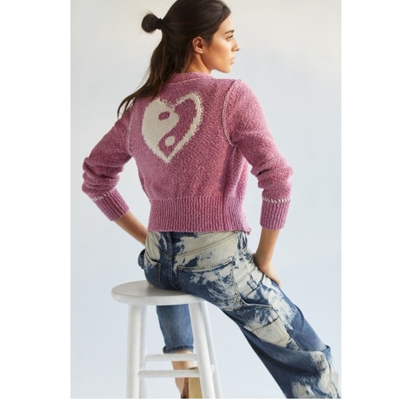 Anthropologie Pilcro Yin Yang Icon Heart Cardigan in Pink Size XS Spring Preppy - Picture 16 of 17